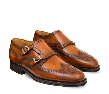 PAKERSON MEN'S SIENA DOUBLE MONK SHOES IN WOOD BROWN LEATHER